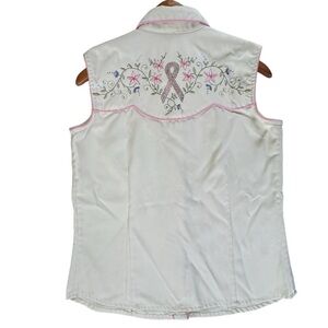Scully pearl snaps Wester Sleeveless Blouse with Pink ribbon & floral Embroidery